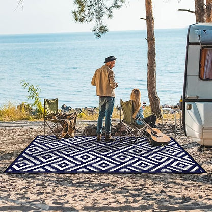 GENIMO 5'x8' Outdoor Rug Waterproof, Reversible Mats, Area Rug, Plastic Outside Carpet, Geometric Rv Mat for Patio Camping Picnic Backyard Deck Balcony Porch Beach Trailer (Navy Blue & White)
