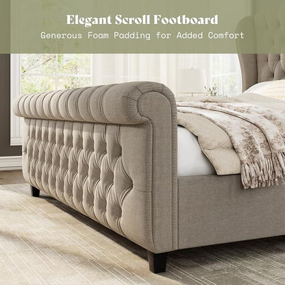 AMERLIFE Queen Size Platform Bed Frame, Linen Upholstered Sleigh Bed with Scroll Wingback Headboard & Footboard/Button Tufted/No Box Spring Required/Khaki