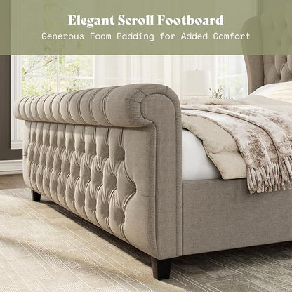 AMERLIFE King Size Platform Bed Frame, Linen Upholstered Sleigh Bed with Scroll Wingback Headboard & Footboard/Button Tufted/No Box Spring Required/Khaki