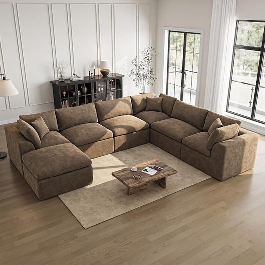 Cloud Sectional Couches for Living Room | 7 Seater U-Shaped Boneless Couch with Ottoman | Brown Modular Sectionals Sofa Couch