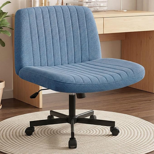 Orange Factory Criss Cross Chair Wheels Wide Cross Legged Office Desk Vanity Chair Comfy Fabric Armless Adjustable Swivel for Home Computer Task (Blue Wheel, Fabric)