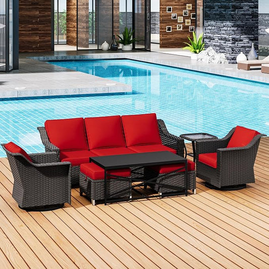 7 Pieces Outdoor Conversation Furniture Set - 77" Patio Sofa, 2 Swivel Rocker Chairs, 2 Ottomans, 1 Side Table, 1 Metal Table, Wicker Couch with Washable Cushions for Balcony (Red)