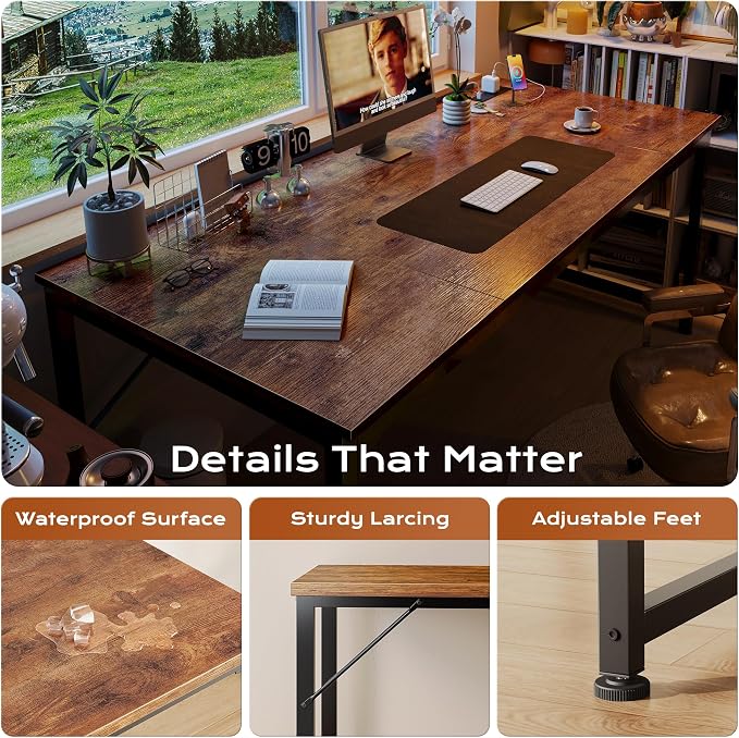 PRAISUN 63 X 30 Inch Extra Deep Desk with Power Outlets | Long Computer Desk for Bedroom, Office Desk for Work from Home, Writing Study Gaming Table, Stable Metal Frame, Rustic Brown
