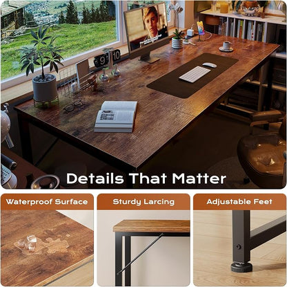 PRAISUN 63 X 30 Inch Extra Deep Desk with Power Outlets | Long Computer Desk for Bedroom, Office Desk for Work from Home, Writing Study Gaming Table, Stable Metal Frame, Rustic Brown