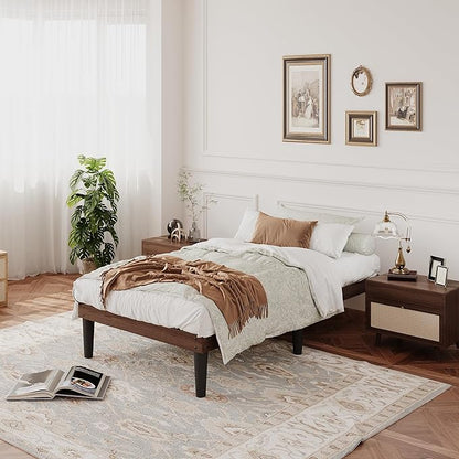 Yumori 12.9 Inch Minimalist Style Twin XL Size Bed Frame, Wood Platform Bed with Wood Slat Support, No Box Spring Needed, Easy Assembly, Walnut