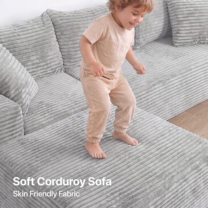 Claiks 94" Boneless Couch, Cloud Couch Sectional, L-Shape Corduroy Modular Sectional Sofa Deep Seat, Upholstered Couches for Living Room, No Assembly Required, Light Grey