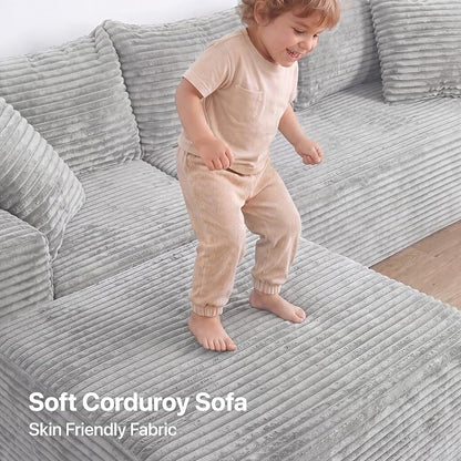 Claiks 94" Boneless Couch, Cloud Couch Sectional, L-Shape Corduroy Modular Sectional Sofa Deep Seat, Upholstered Couches for Living Room, No Assembly Required, Light Grey