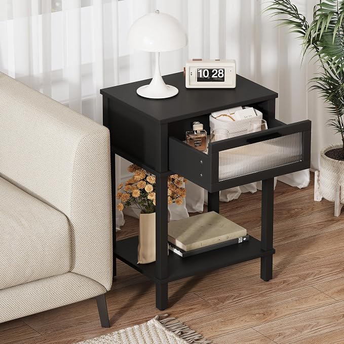 Nightstand Wooden Bedside Table with Drawer Black Night Stands Modern Style Small End Table Side Table with Storage Shelf for Bedroom Living Room MLBZ10B