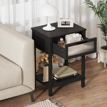 Nightstand Wooden Bedside Table with Drawer Black Night Stands Modern Style Small End Table Side Table with Storage Shelf for Bedroom Living Room MLBZ10B