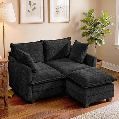 Loveseat Sofa with Ottoman, Cloud 3-Layer Cushion, 27" Deep Seat Love Seat Small Couch with 2 Pillows for Small Spaces, Bedroom, Apartment, Office, Living Room, in a Box, 50-Inch Black