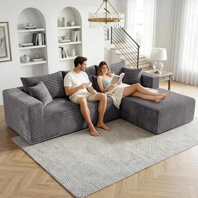 92.5" L-Shaped Sectional Boneless Couches with Chaise, Comfy Modular Corduroy Fluffy Couch with Deep Seat, 3 Seater Cloud Sofa for Apartment Flexible Module Combination for Living Room, No Assembly