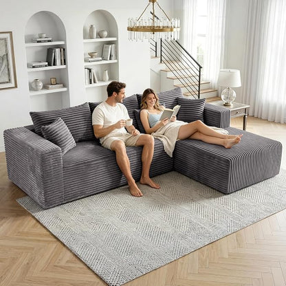 92.5" L-Shaped Sectional Boneless Couches with Chaise, Comfy Modular Corduroy Fluffy Couch with Deep Seat, 3 Seater Cloud Sofa for Apartment Flexible Module Combination for Living Room, No Assembly