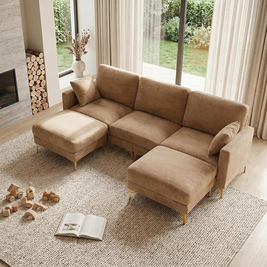 VINGLI 100" W U Shaped Couch with Ottoman, 22" Deep Seat Comfortable Sectional Couches for Living Room, 3 Seater Chenille Fabric Cloud Sofa for Apartment, Small Spaces, Bedroom, Khaki