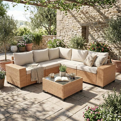 SUNSITT 6-Piece Patio Furniture Set, Outdoor Wicker Modular Sectional Sofa with 7.7-inch Wide Armrests & Thick Comfy Cushions, Glass Top Coffee Table, Rattan Conversation Set, Natural Color