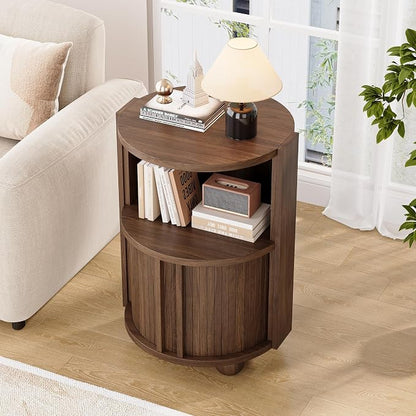 Decofy Modern Round Nightstands Set of 2 with Sliding Doors and 2 Storage Shelves, Modern Bedside End Table, Suitable for Bedroom (Walnut)