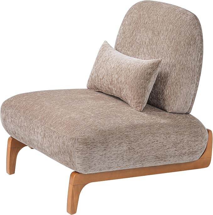 Merax Linen Accent Chair with Curved Wood Base and Lumbar Pillow, Espresso + Natural