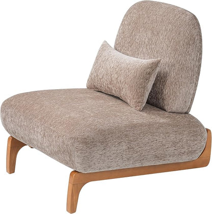 Merax Linen Accent Chair with Curved Wood Base and Lumbar Pillow, Espresso + Natural