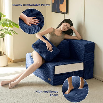 MAXYOYO Convertible Sofa Bed, Fold Out Loveseat Sofa Couch with Pillow, 4 in 1 Tufted Folding Couch Bed Foam Floor Couch, Lazy Chair for Living Room Bedroom Guest Room, Navy