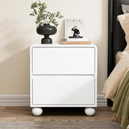 Furniway White Nightstand Set of 2, Modern 2 Drawer Bedside Table with Curved Profile Design and Handle-Free Drawers, Modern End Table with Storage for Bedroom