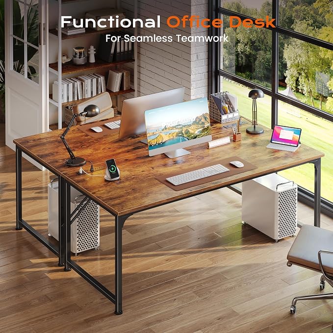 PRAISUN 54 X 24 Inch Deeper Desk with Power Outlets | Large Computer Desk for Bedroom, Office Desk for Work from Home, Writing Study Gaming Table, Stable Metal Frame, Rustic Brown