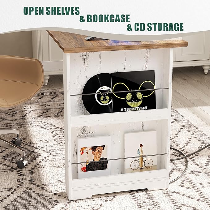 Lareth L Shaped Desk with Monitor Stand Farmhouse Computer Desk with Led Light and Power Outlet, Executive Desk for Home Office Room Workstation with File Cabinet for Working Gaming, Antique White