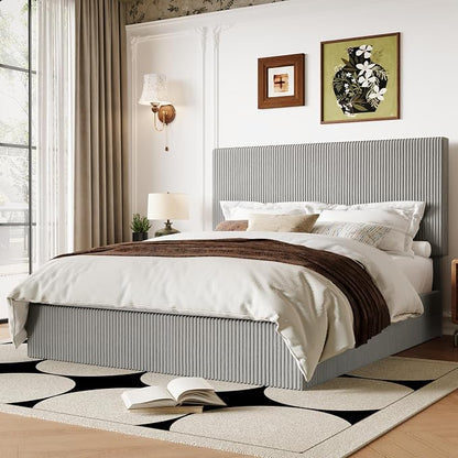 Allewie Full Bed Frame, Upholstered Platform Bed, Adjustable Vertical Channel Tufted Headboard, Corduroy Fabric, Modern Low Profile, Wooden Slats, No Box Spring Needed, Easy Assembly, Light Grey