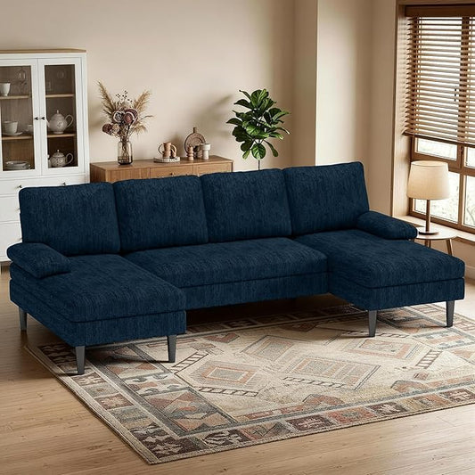 Korser U-Shaped Sectional Couches for Living Room, 101" Modular Sofa Set with Double Chaise, 4-Seat Chenille Couch with High-Density Foam for Apartment, Blue