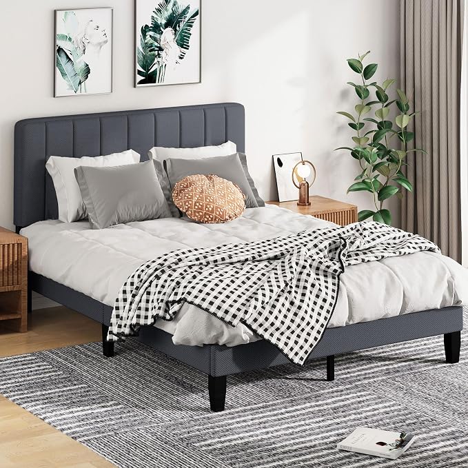 Queen Size Bed Frame with Headboard, Platform Bed with Soft Linen Upholstered Headboard | Wooden Slats Support | Adjustable Height | No Box Spring Needed, Queen Bed Frame Grey