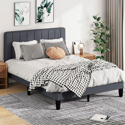Queen Size Bed Frame with Headboard, Platform Bed with Soft Linen Upholstered Headboard | Wooden Slats Support | Adjustable Height | No Box Spring Needed, Queen Bed Frame Grey