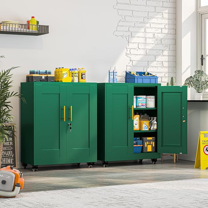 Rolling Metal Tool Storage Cabinet with Doors and Adjustable Shelves, Small Locking Garage Storage Cabinet, Green Steel Tool Cabinets with Wheels for Garage, Basement, Office, Utility Room