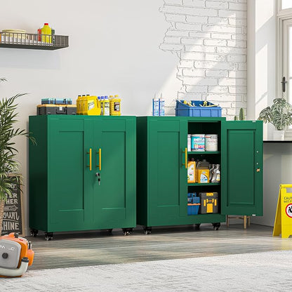 Rolling Metal Tool Storage Cabinet with Doors and Adjustable Shelves, Small Locking Garage Storage Cabinet, Green Steel Tool Cabinets with Wheels for Garage, Basement, Office, Utility Room