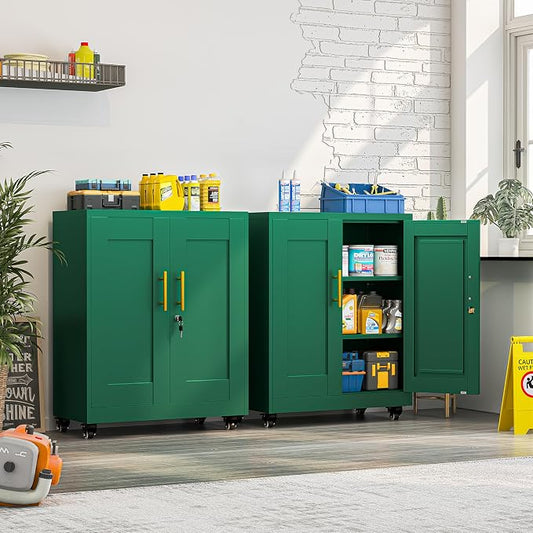 Rolling Metal Tool Storage Cabinet with Doors and Adjustable Shelves, Small Locking Garage Storage Cabinet, Green Steel Tool Cabinets with Wheels for Garage, Basement, Office, Utility Room