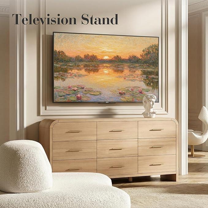 Curved 9-Drawer Dresser for Bedroom, 63" Wide Modern Chest of Drawers, Vanity Desk TV Stand for Living Room, Closet Storage Drawers Organizer Furniture, Nursery, Hallway, Grey Oak
