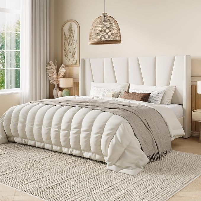 SHA CERLIN King Size Velvet Bed Frame with Geometric Wingback Headboard, Upholstered Platform Bed with Wooden Slats Support, 8" Under-Bed Space, No Box Spring Needed, Easy Assembly, Cream