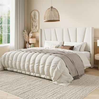 SHA CERLIN King Size Velvet Bed Frame with Geometric Wingback Headboard, Upholstered Platform Bed with Wooden Slats Support, 8" Under-Bed Space, No Box Spring Needed, Easy Assembly, Cream