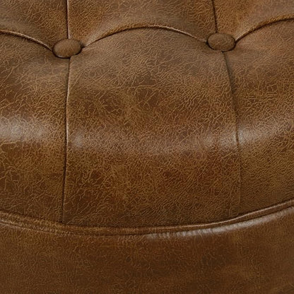 HomePop 25" Button Tufted Round Storage Ottoman - Brown Faux Leather