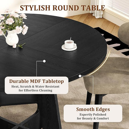 Round Dining Table for 4-6, 47" Kitchen Table for Dining Room, Modern Black Dining Table, Circle Kitchen Table for Living Room, Apartment
