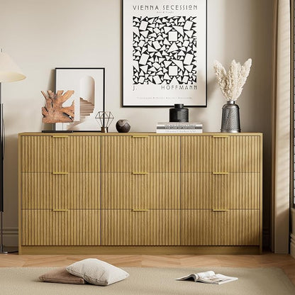 Furniway 3 Piece Bedroom Set, 9 Drawer Dresser and 3-Drawer Nightstand Set of 2 with Gold Handles, Mid-Century Modern Wood Chest of Drawers Storage Cabinet for Bedroom, Natural Oak