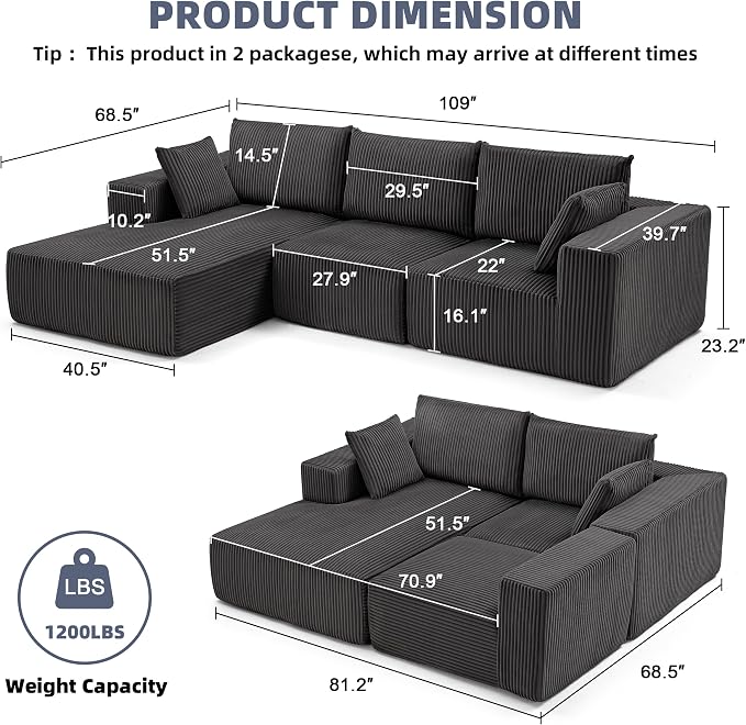 108” Modular Sectional Sofa, Cloud Sectional Couch with Deep Seat, Modern Modular L-Shape Sofa Couch with Chaise,Upholstered Boneless Couches for Living Room Bedroom (Grey, Left Facing Chaise)