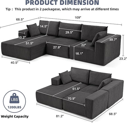 108” Modular Sectional Sofa, Cloud Sectional Couch with Deep Seat, Modern Modular L-Shape Sofa Couch with Chaise,Upholstered Boneless Couches for Living Room Bedroom (Grey, Left Facing Chaise)