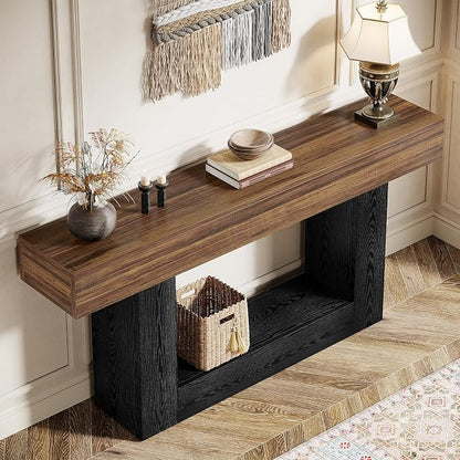 Tribesigns 63" Console Table, Farmhouse 2-Tier Entryway Table with U-Shaped Base, Narrow Long Wood Behind Couch Table for Living Room, Hallway, Foyer, Dark Brown & Black
