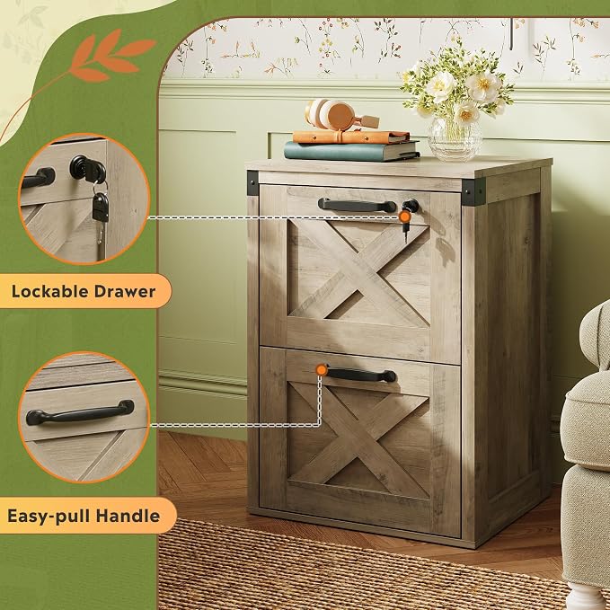 DEVAISE 2 Drawer File Cabinet with Lock, Wood Farmhouse Filing Cabinet for Home Office, Printer Stand Fits Letter and A4 Size, Gray Oak