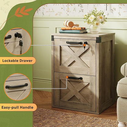 DEVAISE 2 Drawer File Cabinet with Lock, Wood Farmhouse Filing Cabinet for Home Office, Printer Stand Fits Letter and A4 Size, Gray Oak