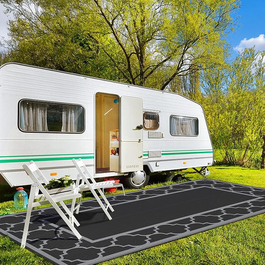 GENIMO 9' x 18' Outdoor Rug Waterproof for Patio, Foldable Reversible Plastic Straw Area Rugs Mat for Rv Decor, Outside Carpet for Camper, Deck, Picnic, Beach, Balcony, Porch, Black & Grey