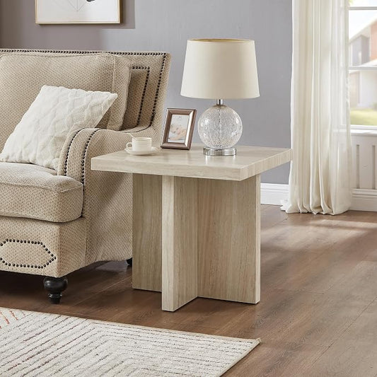 Roundhill Furniture Cavira Modern Faux Marble Living Room Side Table, Beige