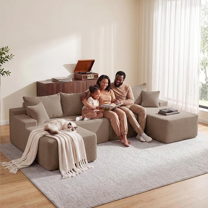 Mangodan 118'' Cloud Sectional Couch, U Shaped Boneless Couches for Living Room, Modular Sectional Sofa with Deep Seat Right Facing Chaise, Comfy Cloud Couch Sofa, Camel