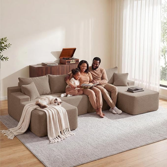 Mangodan 118'' Cloud Sectional Couch, U Shaped Boneless Couches for Living Room, Modular Sectional Sofa with Deep Seat Right Facing Chaise, Comfy Cloud Couch Sofa, Camel