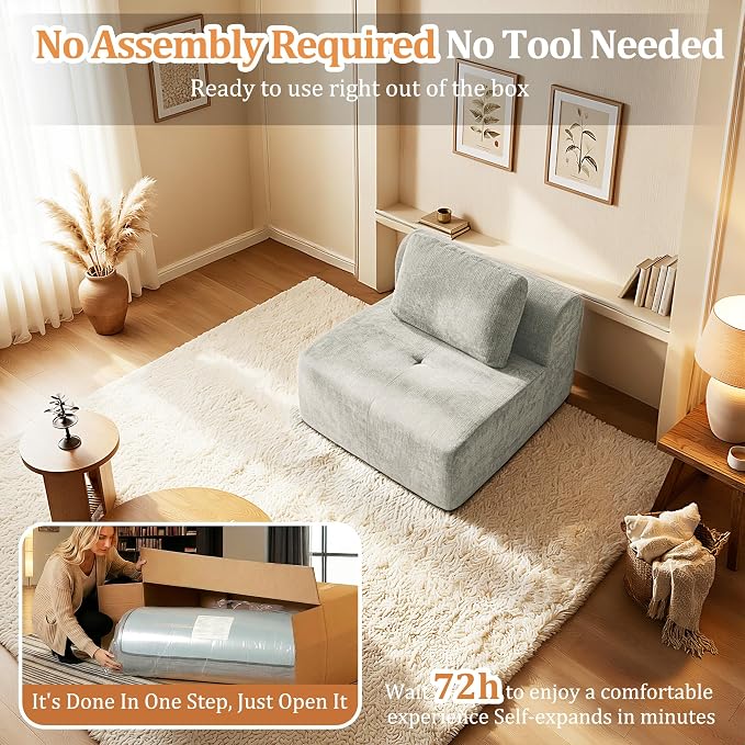 37" Oversized Boneless Couch, Comfort Cloud Sectional Couches for Living Room, Modular Sofa High Back & Extra Deep Seat, No Assembly, Soft Chenille Fabric (Light Grey, 37 inch-Single Seat)