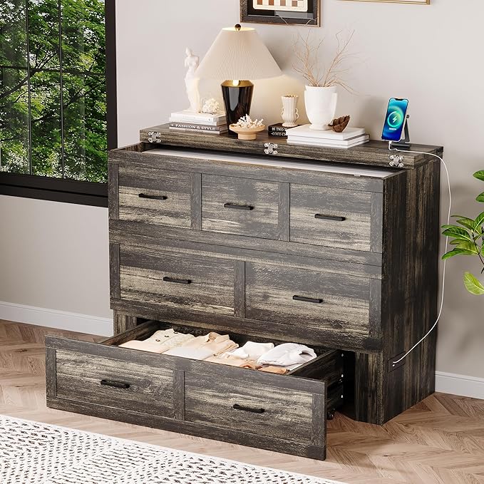 Merax Full Size Murphy Bed with Charging Station, Multi-Functional Foldable Platform Bed with 1 Large Storage Drawer for Guest Room, Small Bedroom, Gray