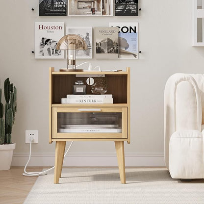 Nightstand with Charging Station, Natural Wood Bedside Tables, Modern End Table, Side Table with 2 Tiers Storage Space for Bedroom Living Room MLBZ07YE-2